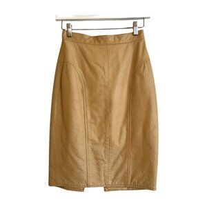 Vintage Deja Vu Designs Cream Genuine Leather Pencil Skirt 9/5 | High Waist Midi